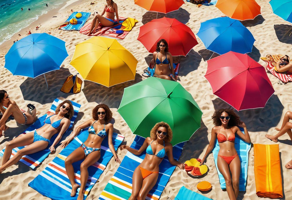 A vibrant beach scene showcasing a diverse group of fashionable individuals wearing trendy summer swimwear. The sun is shining brightly as they enjoy sunbathing, swimming, and playing beach volleyball. Incorporate colorful umbrellas, beach towels, and a refreshing ocean in the background, highlighting the essence of summer. Capture this lively atmosphere in a bright and cheerful style. super-realistic. vibrant colors. 3D.