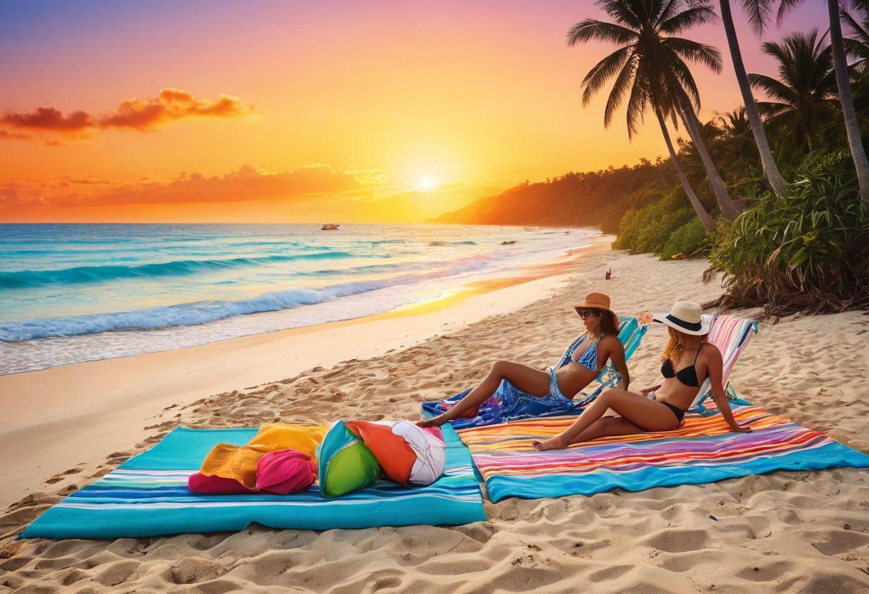 A vibrant beach scene featuring a diverse group of stylishly dressed individuals sunbathing on colorful beach towels, surrounded by palm trees and crystal-clear water. Include accessories like sunglasses, wide-brimmed hats, and beach bags. Create a sense of adventure with beach balls and surfboards in the background, and a picturesque sunset casting warm hues over the scene. super-realistic. vibrant colors.